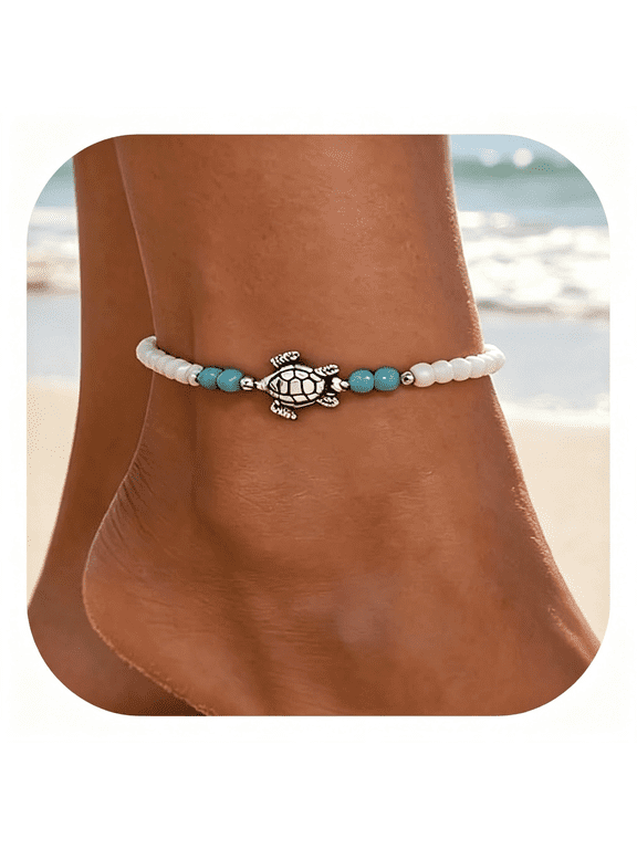 Boho Anklet Adjustable White Blue Beads Bracelet Anklet for Women Waterproof Non Tarnish Sea Turtle Pendant Beaded Anklets Plus Size Beach Jewelry Summer Vacation Accessories