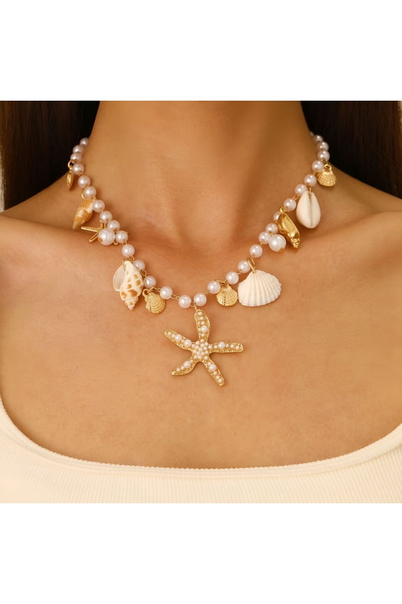 Boho Beach Necklace for Women Summer Shell Imitation Pearl Starfish Conch Pendant Jewelry Cute Necklaces