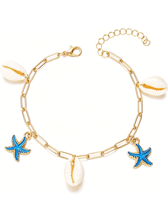 Boho Beach Starfish Shell Anklet Bracelet Summer Ocean Themed Beaded Chain Bracelet for Women Adjustable Foot Wrist Accessory for Beach Holiday
