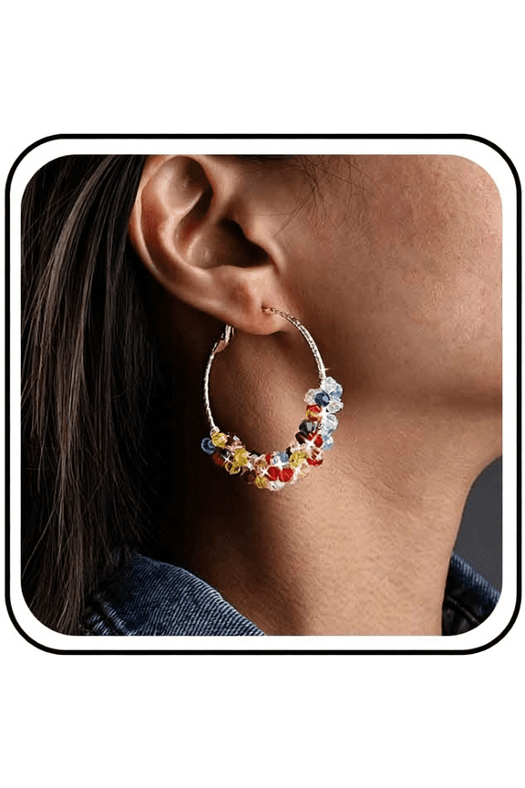 Boho Colorful Crystal Big Circle Earrings Gold Large Circle Hoop Earring Clusters Rainbow Beaded Earrings Crystal Beads Hoop Dangle Multi Color Geometric Huggie Studs