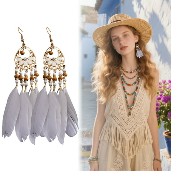 DESIGNICE Boho Earrings,Fishhook Earrings Earrings for Women Trendy,Beads Feather Tassels Fun Earrings,Style4