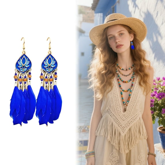 DESIGNICE Boho Earrings,Fishhook Earrings Women'S Earrings,Beads Feather Tassels Statement Earrings,Style4