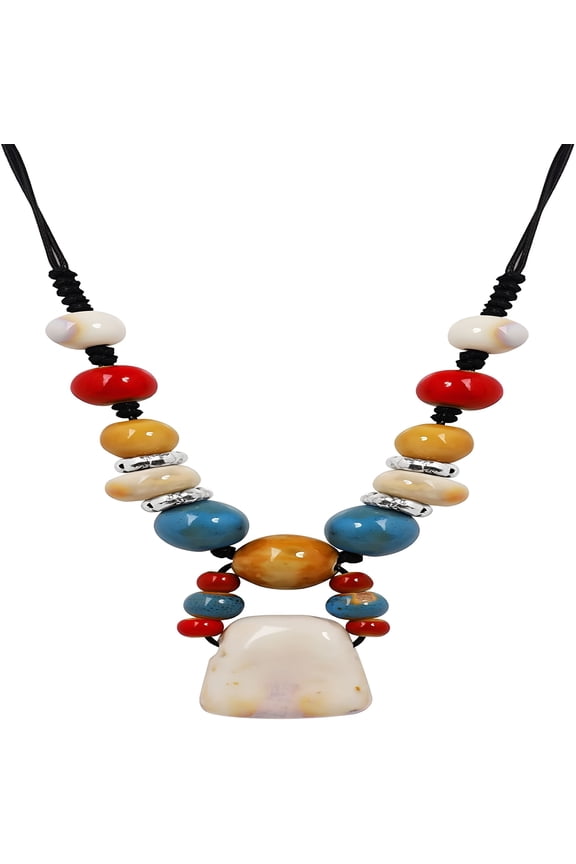 Boho Hippie Colorful Chunky Ceramic Beads Strand Necklace, Bohemian Jewelry Gift for Women