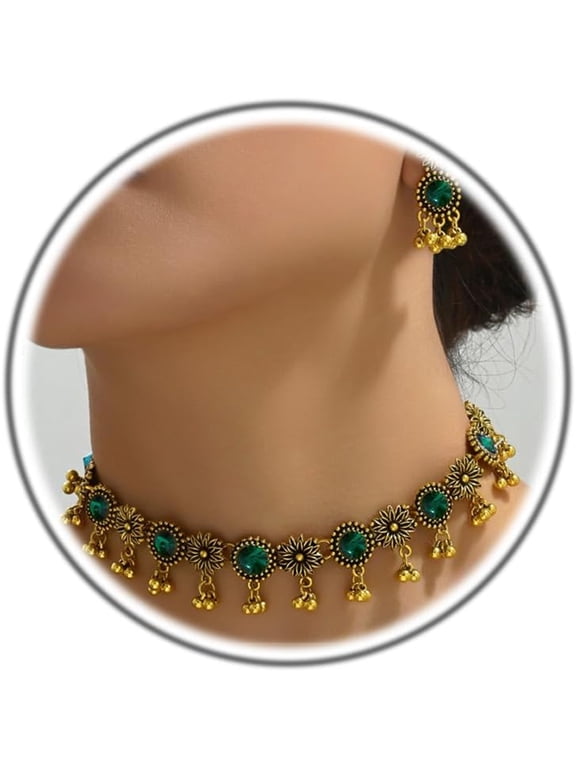 Boho Indian Jewelry Set for Women, Vintage Ethnic Flower Beaded Necklace & Earrings, Traditional Costume Accessories