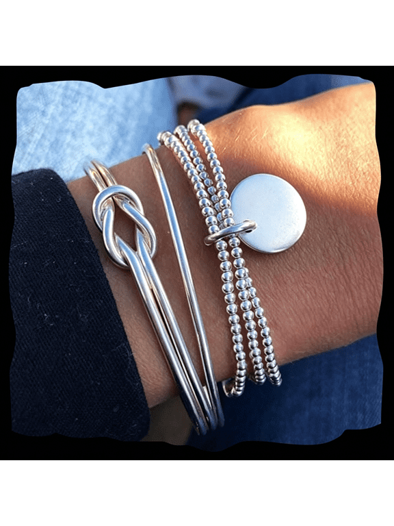 Boho Layered Knot Bangle Stackable Bracelets Silver Dainty Coin Beaded Hand Jewelry for Women and Men 5Pcs(Coin)