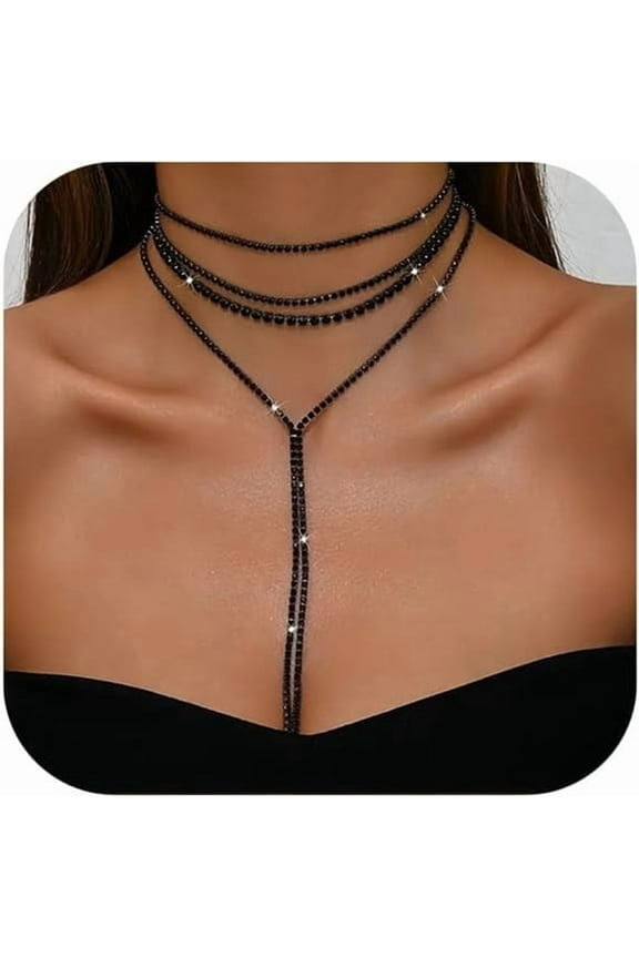 Boho Layered Necklaces for Women Fashion Y Long Necklace Statement Long Sweater Chain Necklace Black Gold Silver Shiny Rhinestones Choker Necklace Wedding Bridal Jewelry