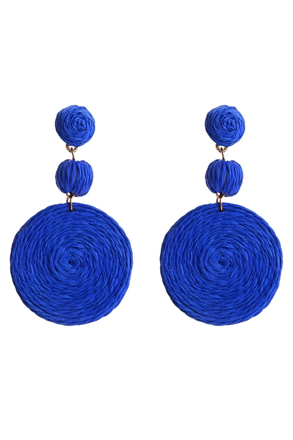 Boho Raffia Women's Ball Earrings,Individual Raffia Round Pendant Earrings  Summer Beach Resort Jewelry  Royal Blue