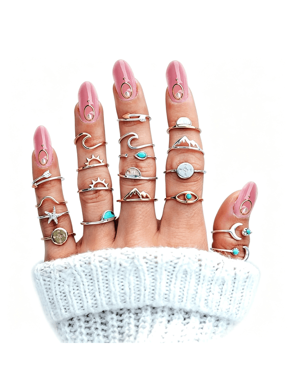 Boho Retro Stackable Rings Sets for Women Knuckle Joint Finger Knuckle Nail Ring Sets Moon Stars Stack Preppy Statement Rings Cute Trendy Stuff Jewelry