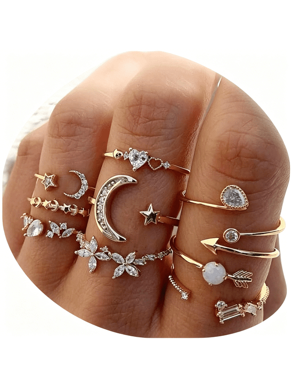 Boho Retro Stackable Rings Sets for Women Knuckle Joint Finger Knuckle Nail Ring Sets Moon Stars Stack Preppy Statement Rings Cute Trendy Stuff Jewelry