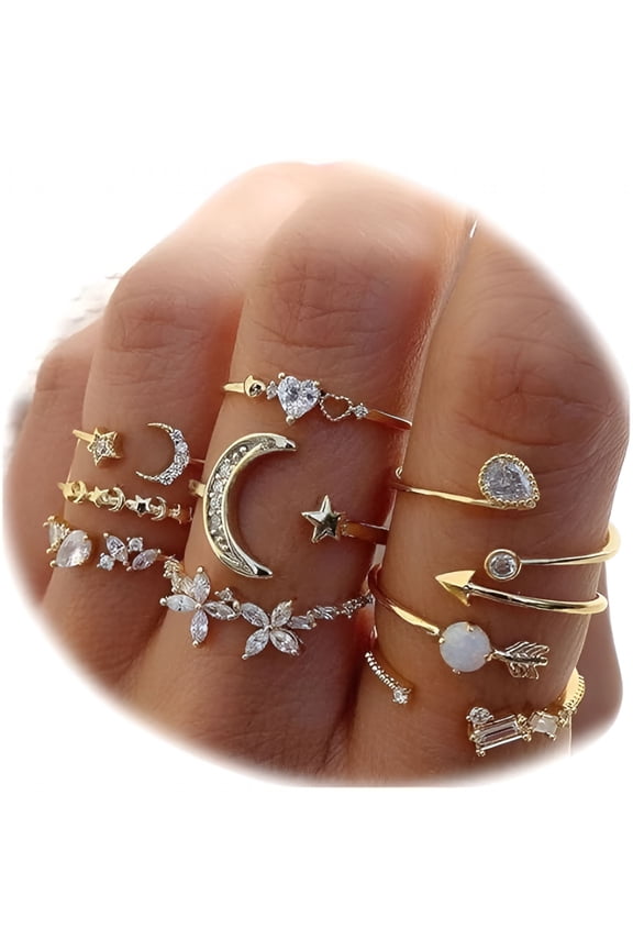 Boho Retro Stackable Rings Sets for Women Knuckle Joint Finger Ring Sets Moon Stars Stack Preppy Statement Rings Cute Trendy Jewelry