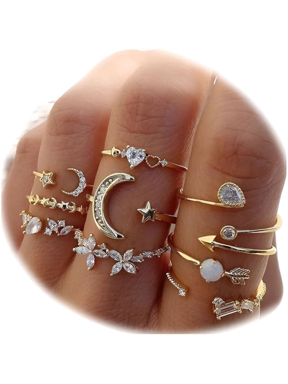 Boho Retro Stackable Rings Sets for Women Knuckle Joint Finger Ring Sets Moon Stars Stack Preppy Statement Rings Cute Trendy Jewelry