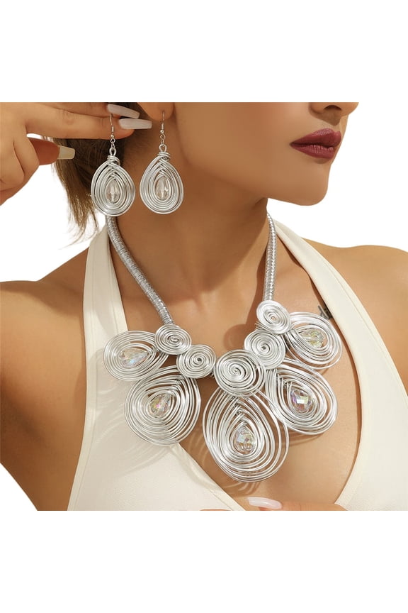 Boho Statement Aluminum Wire Necklace Set for Women Tribal Fashion Costume Jewelry Earring Sets Unique Colorful Big Rhinestone Crystal Pendent Collar Choker Bib Handmad Costume Jewelry