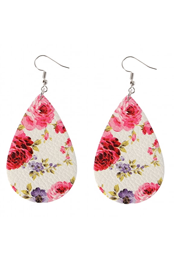 Boho Women Floral Pattern Teardrop Dangle Faux Leather Hook Earrings Jewelry Pink