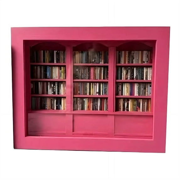 DESIGNICE Bookshelf Mini Ornament,Stress Relief Mini Books,Unique Design Wooden Bookshelf,Pink