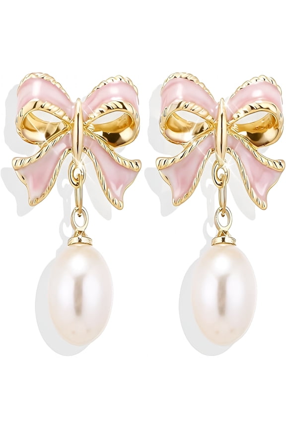 Bow Earrings for Women Cute Bow Pearl Drop Dangle Earrings Bowknot Stud Prom Wedding Party Daily Jewelry Accessory Gifts Pink Dress for Women