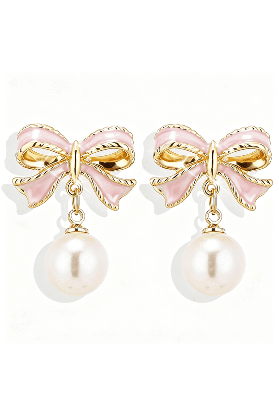 Bow Earrings for Women Trendy Stuff Cute Bow Pearl Drop Dangle Earrings Bowknot Stud Prom Wedding Party Daily Jewelry Accessory Gifts Pink Dress for Women