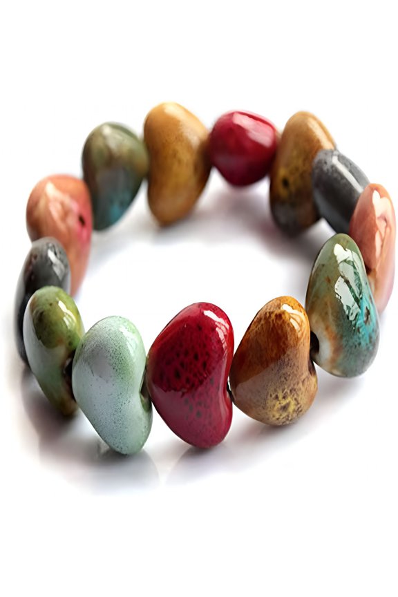 Bracelet Colorful Ceramic Handmade Simple Ethnic Style Variety of Shapes Elastic Hand Chain for Women (Heart Type)