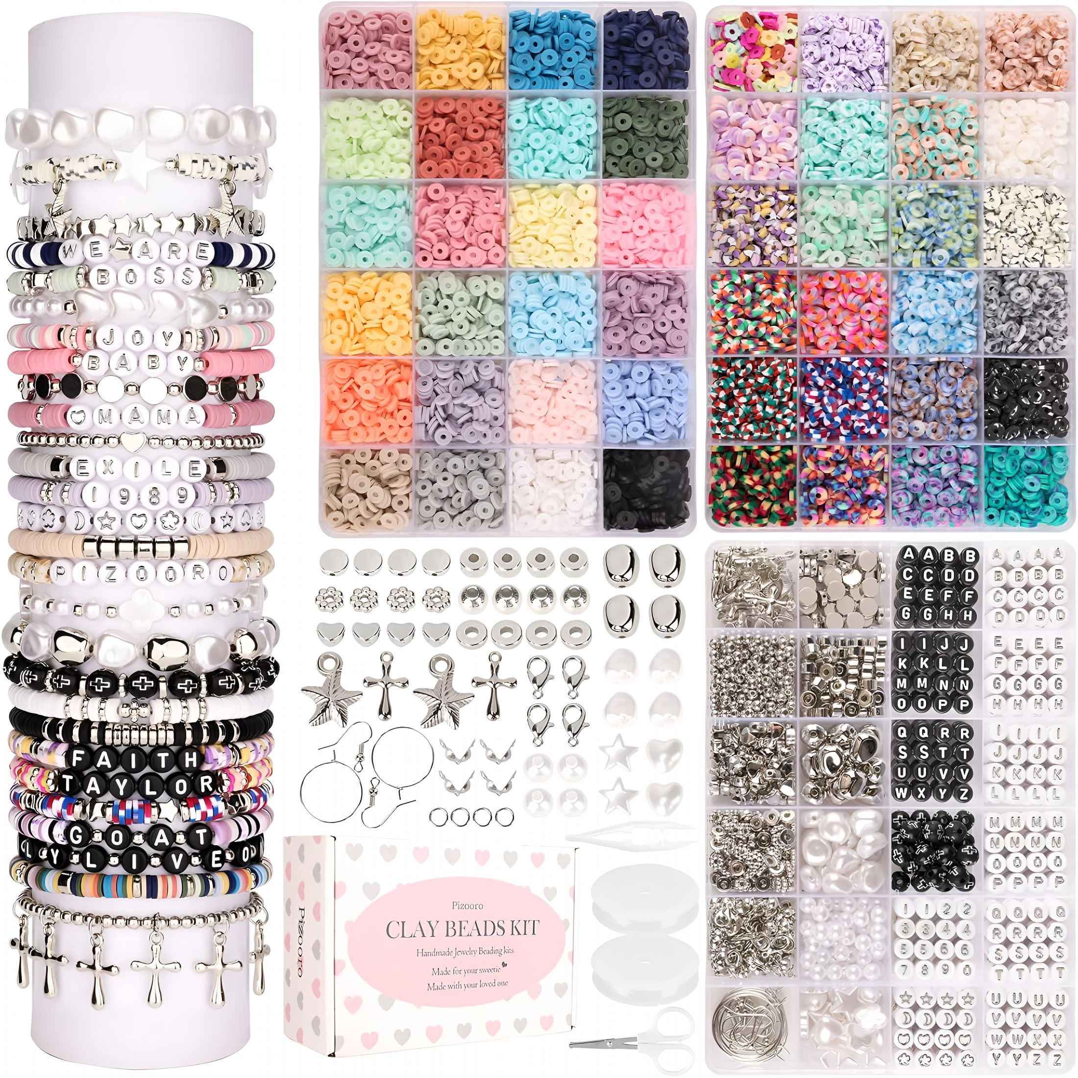 DESIGNICE Bracelet Making Kit 3 Boxes,Clay Beads for Jewelry Making,Silver Letter Bead with Cross Charm,Silver Earrings and Elastic String,Friendship Bracelet for Women,Birthday Gifts for Women Girls