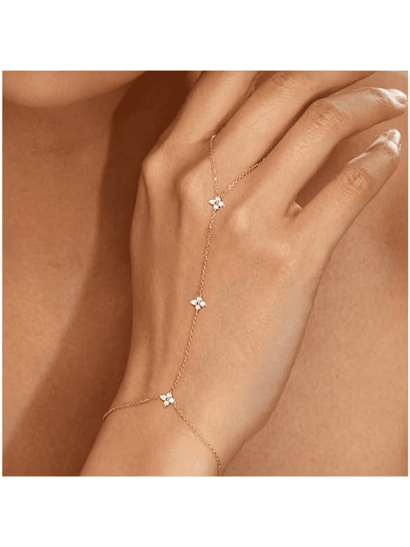 Bracelets for Women, 14K Gold Silver Plated Ring Bracelet Hand Chain | Dainty Cubic Zirconia Charms, Stackable Link Chain, Hypoallergenic Body Jewelry for Everyday Wear, Cute Trendy Gifts