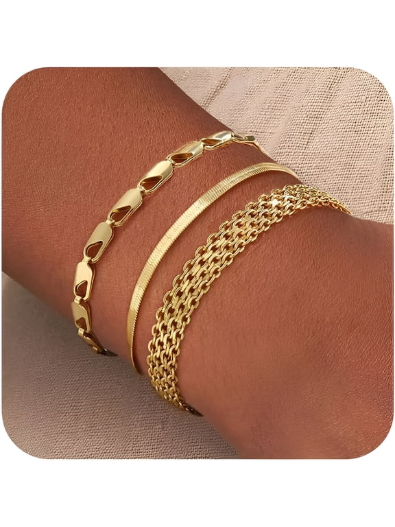 Bracelets for Women,Waterproof 14K Gold/Silver Plated Stackable Bracelets for Women Non Tarnish Trendy Dainty Paperclip Figaro Box Herringbone Hand Chain Bracelet Pack Stack Adjustable