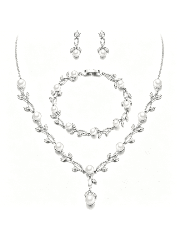 Bridal Cubic Zirconia Jewelry Sets for Women,White Simulated Pearl Leaf Vine Pendant Wedding Party Necklace Earrings Set for Bridesmaid Bride
