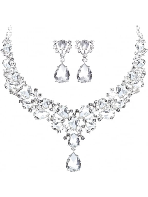 Bridal Teardrop Cluster Crystal Jewelry Set, Silver Rhinestone Necklace and Earrings for Wedding, Prom