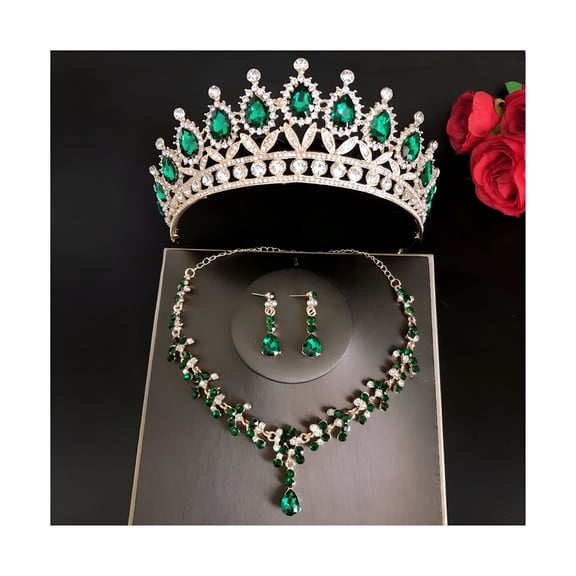 DESIGNICE Bridal Tiaras Crown Set with Earring Kit & Necklace Handmade Luxury Crystal Hair Accessories for Party Prom Green