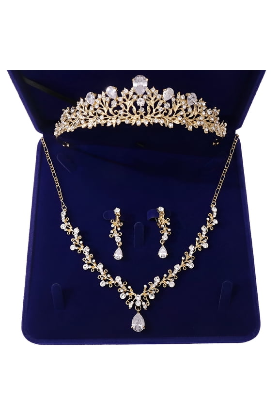 Bride Silver/Gold Necklace Earrings Crown Set Crystal Bridal Wedding Jewelry Sets Zircon Choker Tiara for Women