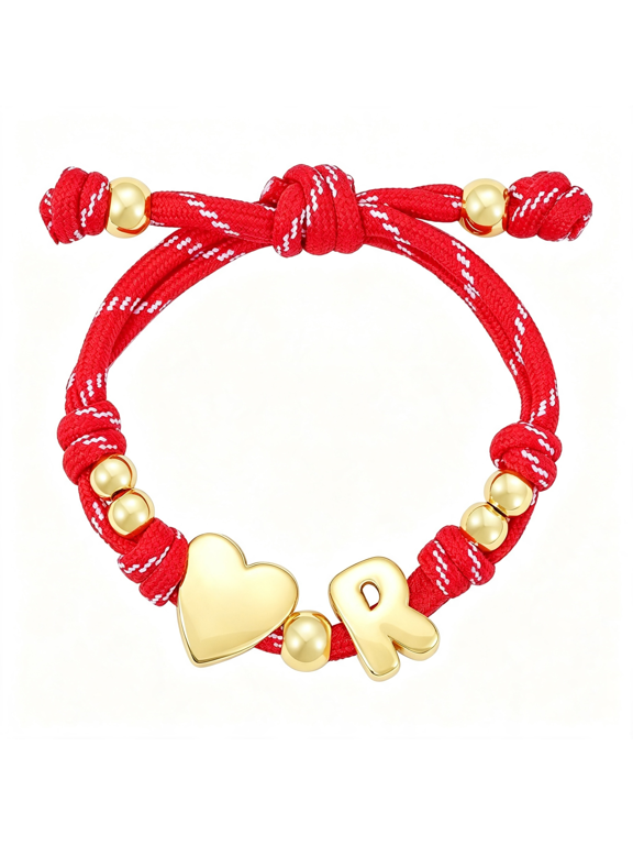 Bubble Initial Bracelet for Women,14K Gold Plated Rope Bracelet,Puffy Letter&Heart Charm,Adjustable Personalized Knotty Cord Name Jewelry,Cute Friendship Gift