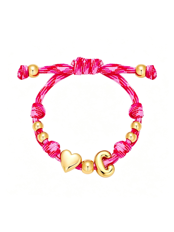 Bubble Initial Bracelets for Women-Dainty 14K Gold-Plated Knotty Bubble Letter Initial Heart Bracelet Personalized Handmade Adjustable Rope Bracelets Waterproof Jewelry Gifts for Love