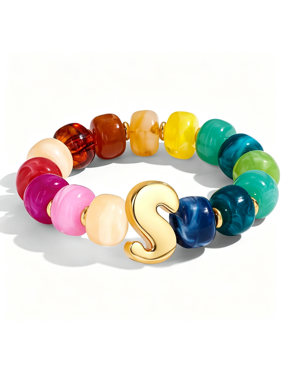 Bubble Initial Chunky Beaded Bracelet for Women Colorful Resin Bead Trendy Statement Big Stretch Bracelets Summer Beach Boho Charm Jewelry Cute Gifts for Women