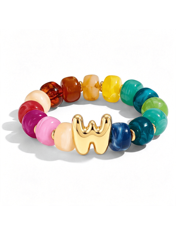 Bubble Initial Chunky Beaded Bracelet for Women Colorful Resin Bead Trendy Statement Big Stretch Bracelets Summer Beach Boho Charm Jewelry Cute Gifts for Women