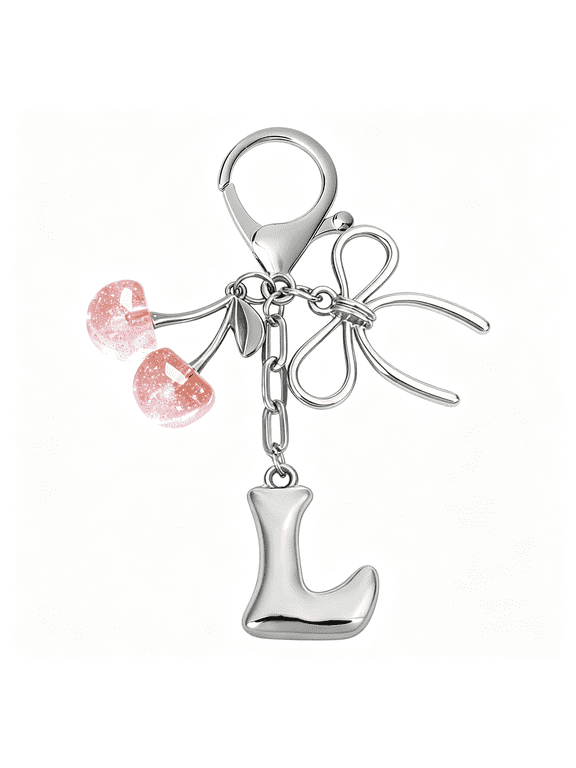 Bubble Initial Keychain with Bow & Cherry - Silver Letter Bag Charms for Women, Cute Purse Handbag Accessories Bow Purse Handbag 2 Pcs Cute Initial Bow Keyring