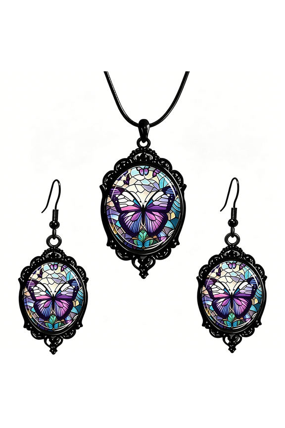 Butterfly Earrings for Women Vintage Gothic Glass Cameo Earrings Purple Butterfly Dangle Earring Purple Drop Earring Gothic Jewelry for Women Halloween Costume Accessories