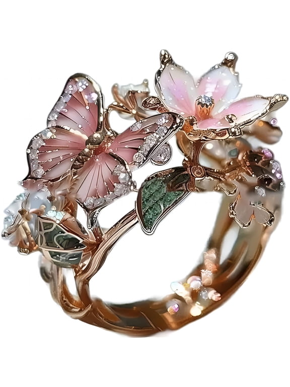 Butterfly Flower Ring for Women Enamel Flower Butterfly Finger Ring with Adjustable Opening Pink Ring Sparkling Fashion Flower Ring Christmas Birthday Party Clothing Jewelry
