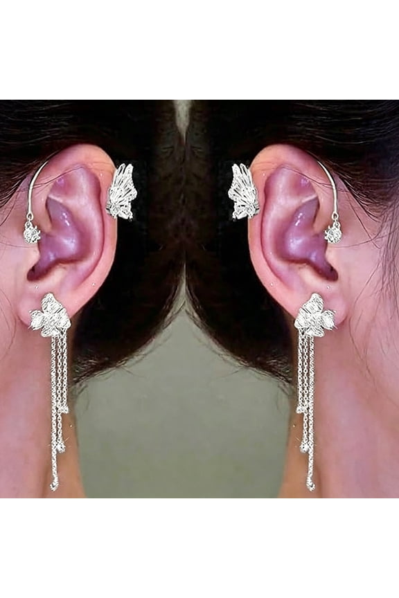 Butterfly Flower Tassel Ear Cuffs Earrings Rhinestone Butterfly Flower Ear Wrap No Piercing Earrings for Women