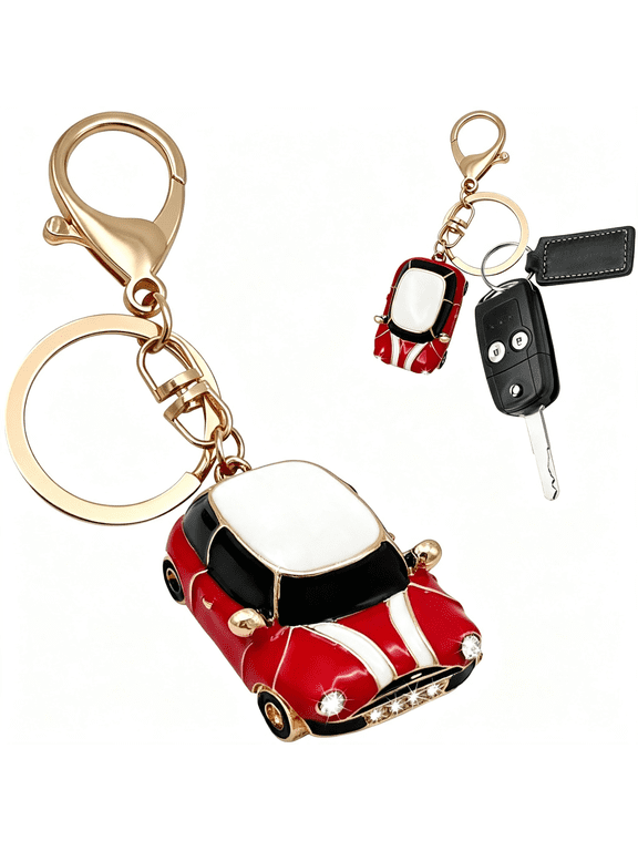 Car Key Chain, Rhinestone Detail 3D Cute Car Model Keychain, Metal Key Chain with Ring, Car Accessories Cute Car Keychain Keychain (Red)