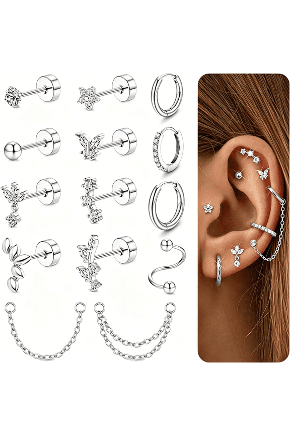 Cartilage Earrings for Women - 14K Gold Plated Flat Back Conch Tragus Piercing Jewelry Single Stainless Steel Stud Earrings Hoops Stackable Set