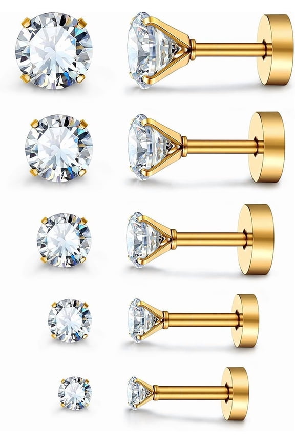 Cartilage Tragus Earring Stainless Steel Stud Piercing Earring Flat Back Earrings Stud Flatback Screw Back Earrings for Women Men(16G,6Mm Bar Length,3Mm-7Mm Cz,5 Pairs)