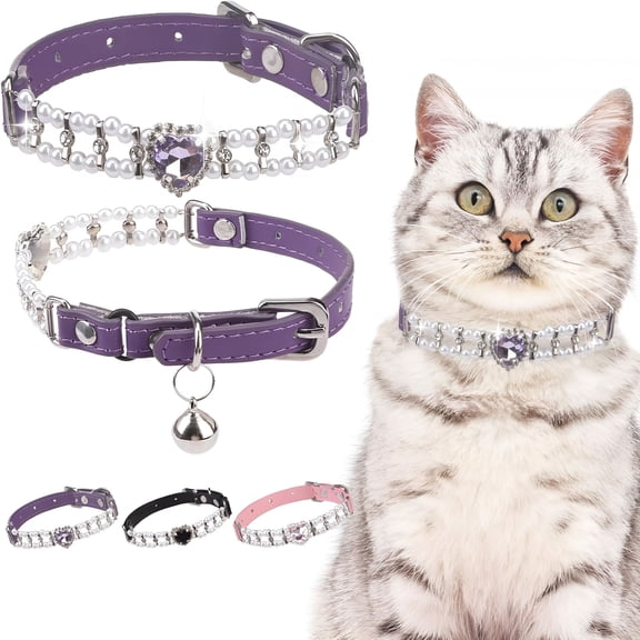DESIGNICE Cat Collar Leather with Bell and Safety Elastic Belt, Adjustable Collars for Cats and Small Dogs, Pearl Cat Collar Purple