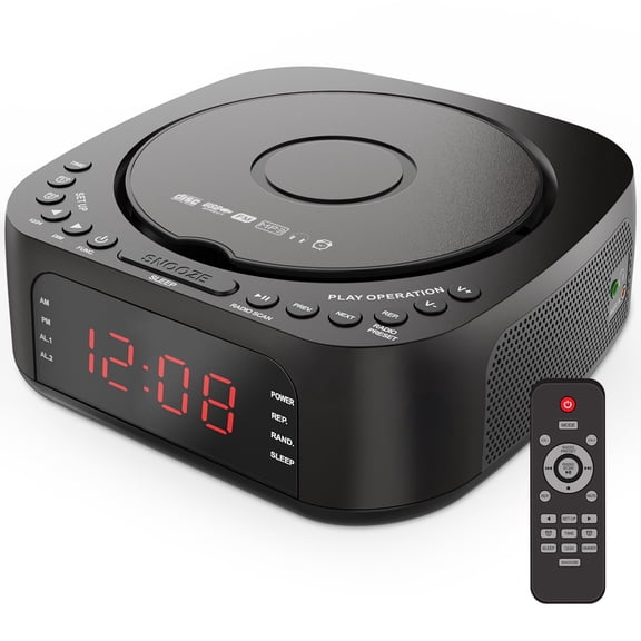 DESIGNICE Cd Player Alarm Clock Radio with Remote, Cd/Mp3 Bluetooth Fm Player with Speakers, Usb Charger Dimmable Display, Dual Alarm for Bedroom