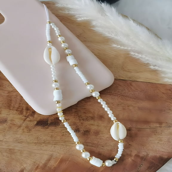 DESIGNICE Cell Phone Charm,Universal Mobile Phone Lanyard Cute Kawaii Rainbow Color Girly Style Soft Ceramic Pearl Seashells Beads Phone Chain Wrist Strap