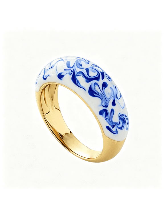 Ceramic Blue&White Porcelain Ring for Women Chinese Style Elegant Water Ripple Ceramic Vintage Statement Band Fashion Knuckle Middle Finger Rings Comfort Fit Unique Jewelry Cocktail Party