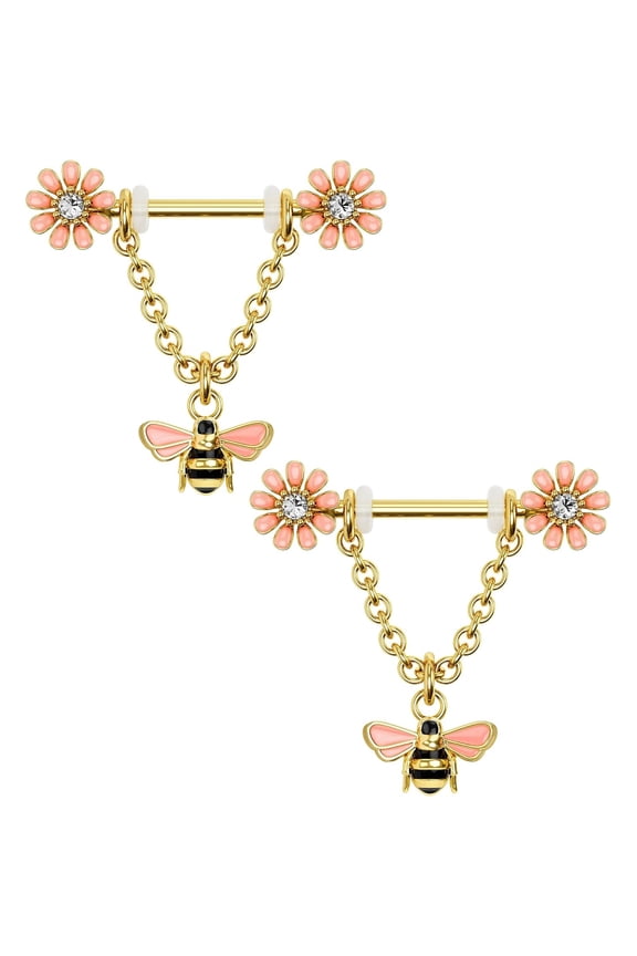 Chain Nipple Shield Rings - Dainty Bee Nipple Piercing Barbells 14G Dangle Rings