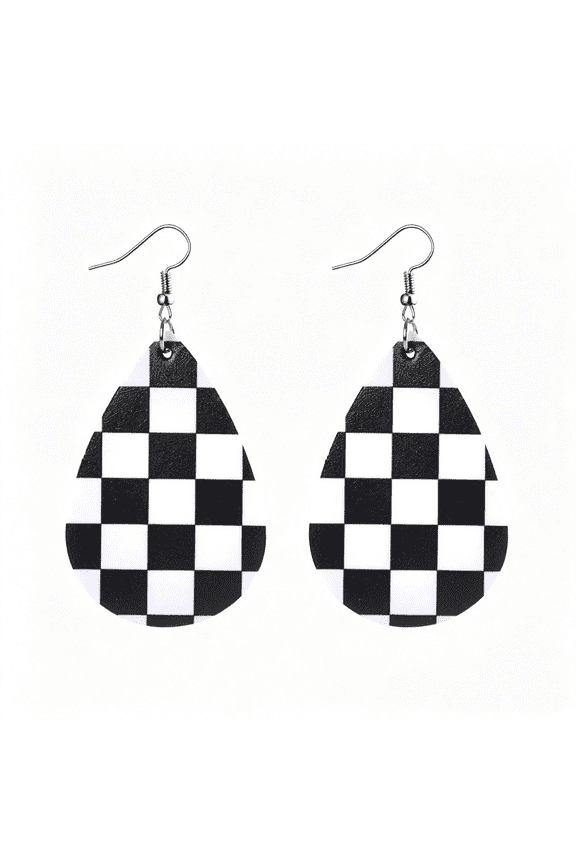 Checkerboard Earrings for Women Checkered Chess Board Flag Leather Teardrop Cute Accessories Dangle Lightweight Funny Gifts Adorable Black and White Earrings