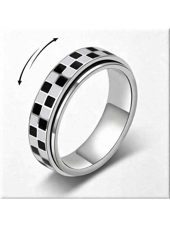 Checkered Fidget Ring for Adults - 18K Gold Plated Stainless Steel Rotating Spinner Jewelry, Anxiety & Stress Relief Gift for Women/Men (Black and White Pattern)