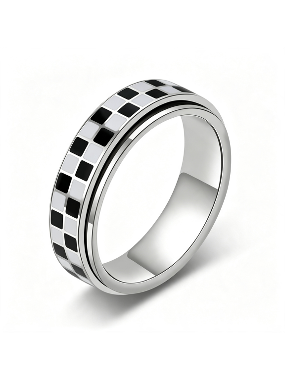 Checkered Fidget Ring for Adults-18K Gold Plated Stainless Steel Rotating Spinner Jewelry,Anxiety & Stress Relief Gift for Women/Men(Black and White Pattern)