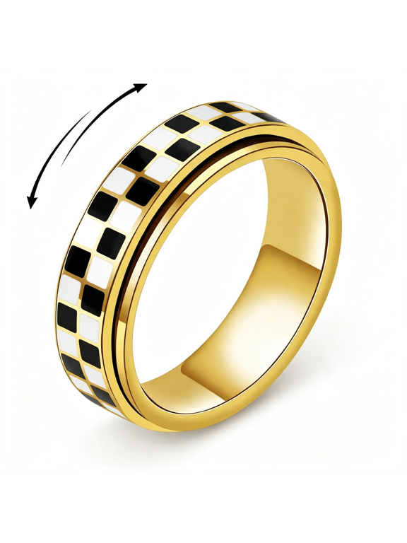 Checkered Fidget Ring for Adults - 18K Gold Plated Stainless Steel Rotating Spinner Jewelry, Anxiety & Stress Relief Gift for Women/Men (Black and White Pattern)