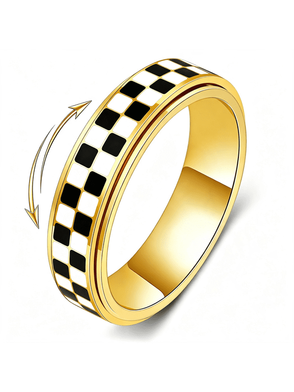 Checkered Fidget Ring for Anxiety Relief,Discreet Silent Spinning Jewelry,Black+White Pattern Durable Stainless Steel Thumb Spinner Jewelry for Work Office Adults Women Men Size 5-11