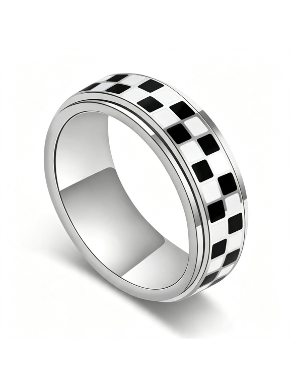 Checkered Fidget Ring for Men-8Mm 18K Gold Plated Stainless Steel Anxiety Spinner Jewelry for Adults,Modern Black and White Checkerboard Roating Ring for Stress Relief Gift for Men Women